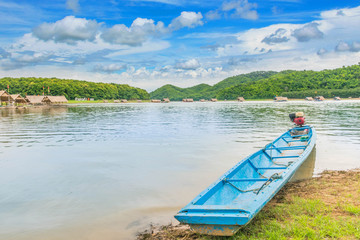 Naklejka na ściany i meble The soft focus the raft,the swamp,,motorboat,the mountain beautiful sky and cloud at the public property Huai Krathing, Loei province, Thailand. (Thai Language means creek of the gaur at Loei provinc