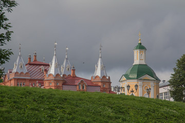 Sergiev Passad, Territory adjacent to the Temple of St. Sergius of Radonezh. The cupolas of the cathedral, an ancient fortress. Summer, Russia.