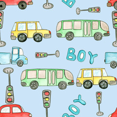 Seamless pattern with cars, traffic lights and the inscription "boy". Relying on pajamas, bed linen, children's clothes, textile products for children, gift wrapping. Handmade, watercolor.