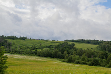 Summer landscape. Field, forest and sky. Landscape of the Russian remote places.