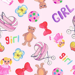 Seamless pattern with the image of toys for girls. Bright drawings are made in hand-made watercolors. Relying on pajamas, bed linen, children's clothes, textile products for children, gift wrapping.