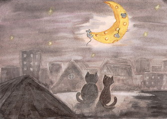 Loving cats at night on the roof look like mice bite the moon - cheese. Night sleeping city, roofs of houses. Illustration for children. Watercolor drawing.