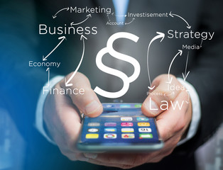 Justice and law symbol displayed on a futuristic interface with business terms - technology and inspiration concept