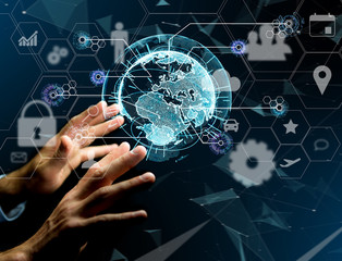 International business network connection displayed on a futuristic interface with technology icon and sphere globe - Worldwide business concept