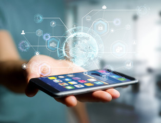 International business network connection displayed on a futuristic interface with technology icon and sphere globe - Worldwide business concept