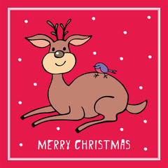 Cheerful Christmas greeting card with the image of a ridiculous deer.