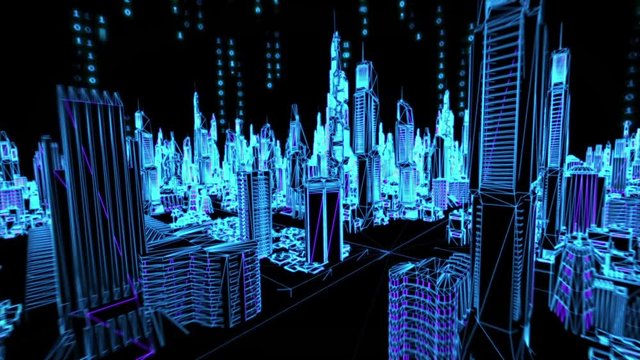 Flyover a futuristic cityscape with binary 1/0 in the background. Seamless animation.