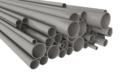 3d render. Metal pipes of different shapes and sizes