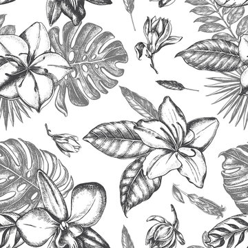 Decorative seamless pattern with ink hand-drawn Tropical exotic flowers and leaves. Vector illustration.