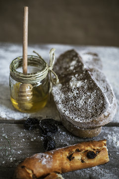 Bread and honey on the table