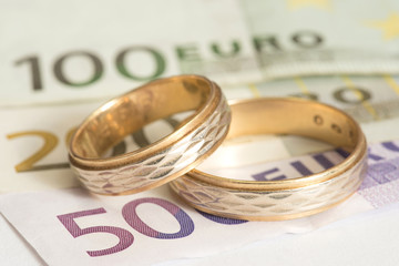 Zwei Eheringe und Euro Geldscheine