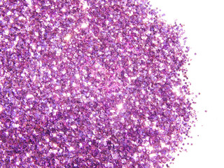Fototapeta premium Purple glitter sparkles on white background. Can be used as place for text, for greeting or invitation cards, fashion magazines, web sites etc.