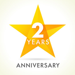 2 years anniversary star logo. 2th years anniversary golden vector sign facet star isolated on white background