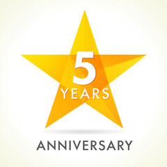 5 years anniversary star logo. 5th years anniversary golden vector sign facet star isolated on white background