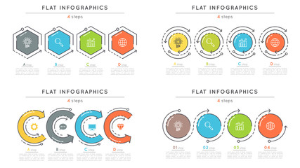 Set of flat style 4 steps timeline infographic templates.