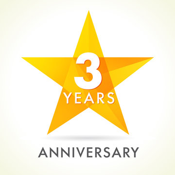 3 years anniversary star logo. 3th years anniversary golden vector sign facet star isolated on white background