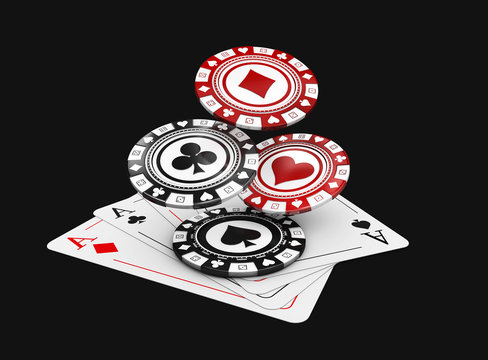 3d illustration of Black and red Casino Chips with pocker card.