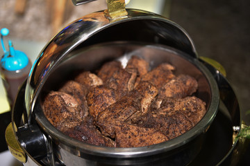 Close up detail of chicken tikka tandoori pieces. Food buffet in the Thailand