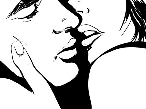 croquis noir et blanc couple amour,baiser,gros plan