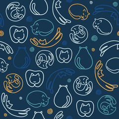Seamless pattern of drawn cats on dark blue background. Blue, light blue, orange and white cats in seamless texture
