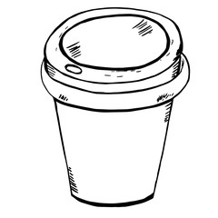 Take away coffee cup with cap. Snack, tea. Hand drawn isolated contour sketch for menu, cafe, restaurant, shops, advertising, banners, prints, posters, templates, design.