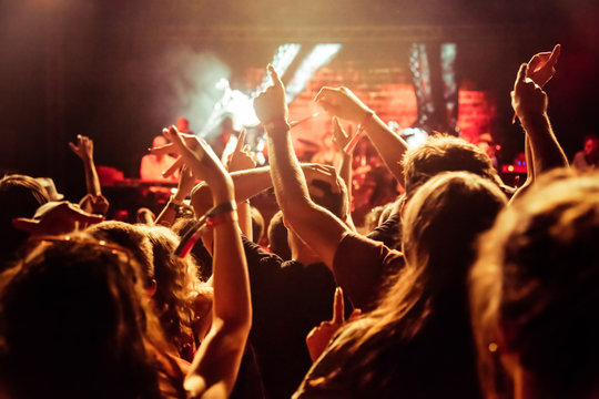 crowd with raised hands at concert - summer music festival