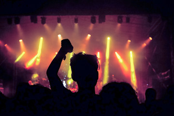 crowd with raised hands at concert - summer music festival
