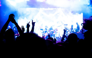 crowd with raised hands at concert - summer music festival