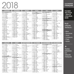 Calendrier français 2018 minimaliste - 1 couleur Noir