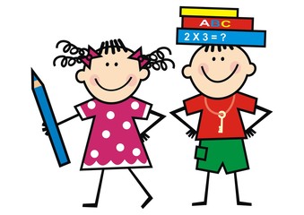 Kids and books and crayon, funny illustration, vector icon