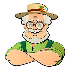 Old farmer in a sneak hat. Logo.