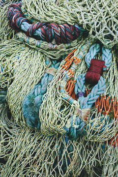 Pile of commercial fishing nets and ropes