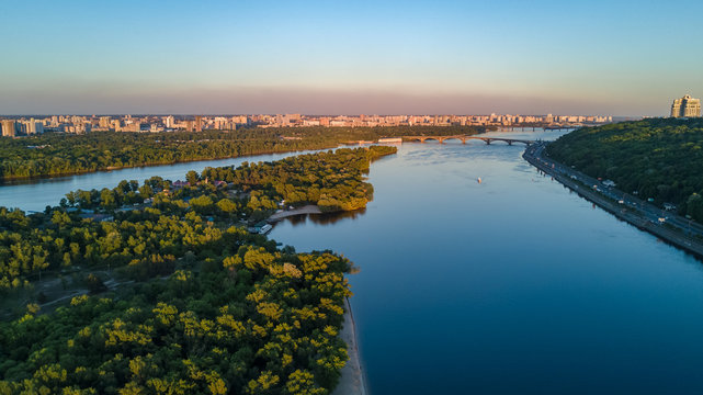 Aerial top view of Dnepr river and Truchaniv island from above, Kiev city, Ukraine
