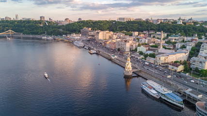 Aerial top view of Dnepr river and Podol district from above, Kiev (Kyiv) city, Ukraine
