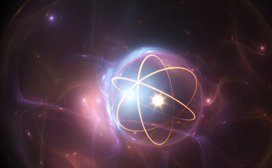 Atom nuclear model on energetic background, illustration - obrazy, fototapety, plakaty
