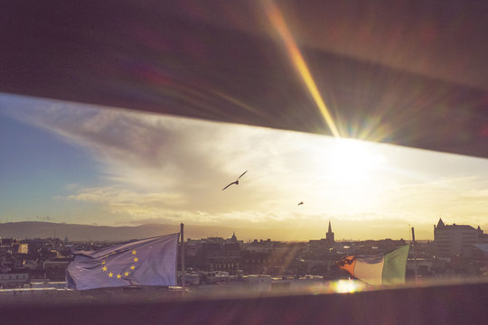 Dublin City rooftops in evening sun