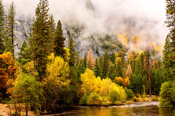 Yosemite National Park Valley and Merced River at autumn