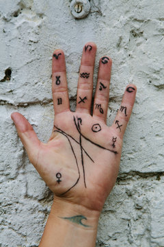 a palm reading chart marked out onto a hand