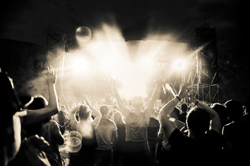 crowd with raised hands at concert - summer music festival - obrazy, fototapety, plakaty