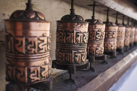 Prayer wheels in a gumba.