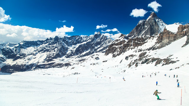 sunny day on the ski slopes of Cervinia