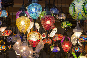 Traditional Asian lanterns of colored glass on the market 