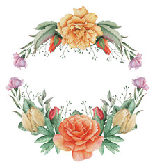 Hand painted watercolor wreath of Flowers and Leaves, isolated on white background - 165192513