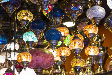 Traditional Asian lanterns of colored glass on the market 