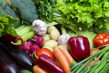 Fresh vegetables tomatoes cucumber squash and greens background close-up