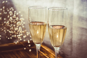 Pair of wine glasses, champagne flutes on the wedding table, Mockup