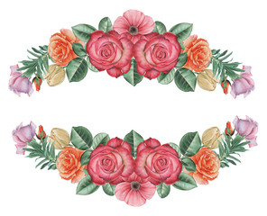 Hand painted watercolor charming combination of Flowers and Leaves, isolated on white background