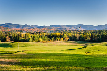 Golf Course in a Mountain Landscape at Sunset. Lake Placid, NY