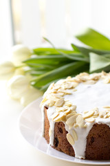 White Sponge Cake Silvered Almonds with White Tulips