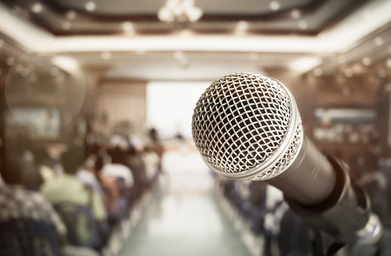 Close-up Microphone For Speech And Teaching  At Meeting Room, Conference Hall In School, Business And Education Concept